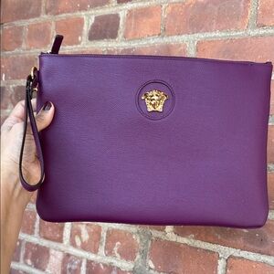 Versace Plum Leather Medusa Wristlet Clutch with Gold-Tone Emblem